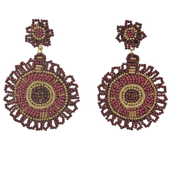 Dark Red Maroon Gold Beaded Medallion Handmade Bohemian Boho Post Drop Earrings - Picture 1 of 3